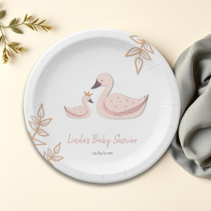 Elegant Pink Swan with Baby Girl Baby Shower Paper Plate