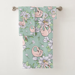 Elegant Pink Swans Gold Crown Pattern Bath Towel Set