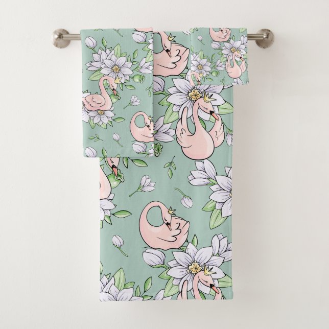Elegant Pink Swans Gold Crown Pattern Bath Towel Set (Insitu)