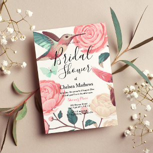 Elegant Pink Teal Hummingbird Floral Bridal Shower Invitation