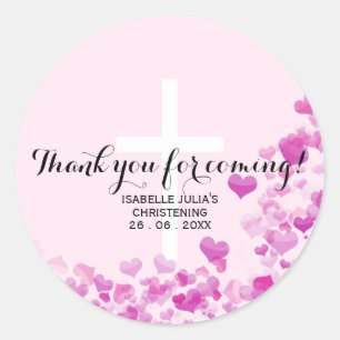 Elegant Pink THANK YOU Christening White Cross Classic Round Sticker