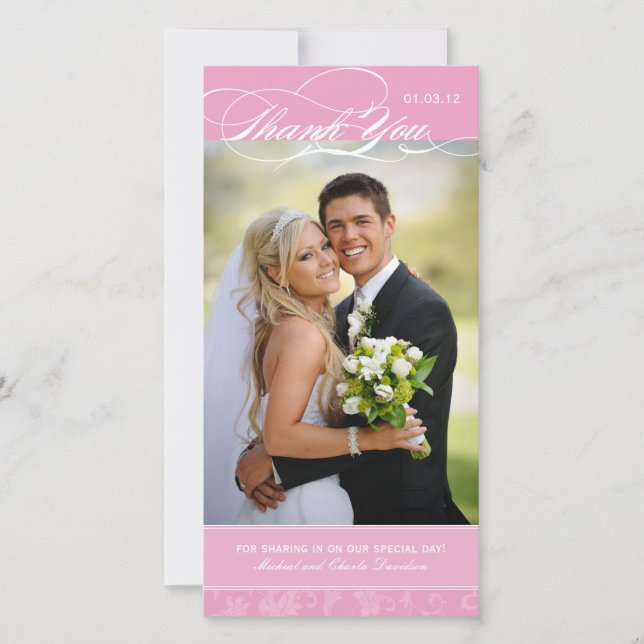 Elegant Pink Thank You Photo Card (4x8) (Front)
