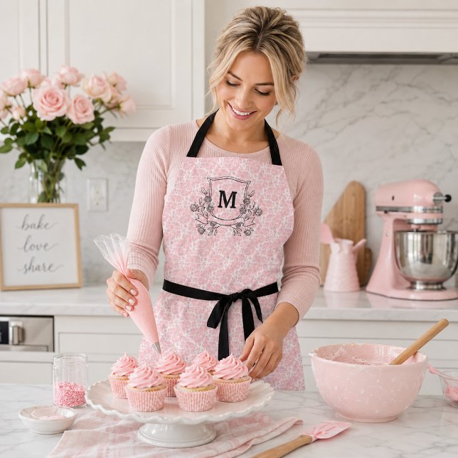 Elegant Pink Tiny Rose Pattern Monogram  Apron (Creator Uploaded)