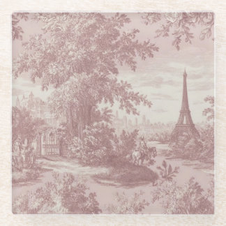 Elegant Pink Toile de Jouy French Country Scene  Glass Coaster