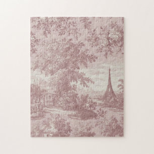 Elegant Pink Toile de Jouy French Country Scene Jigsaw Puzzle
