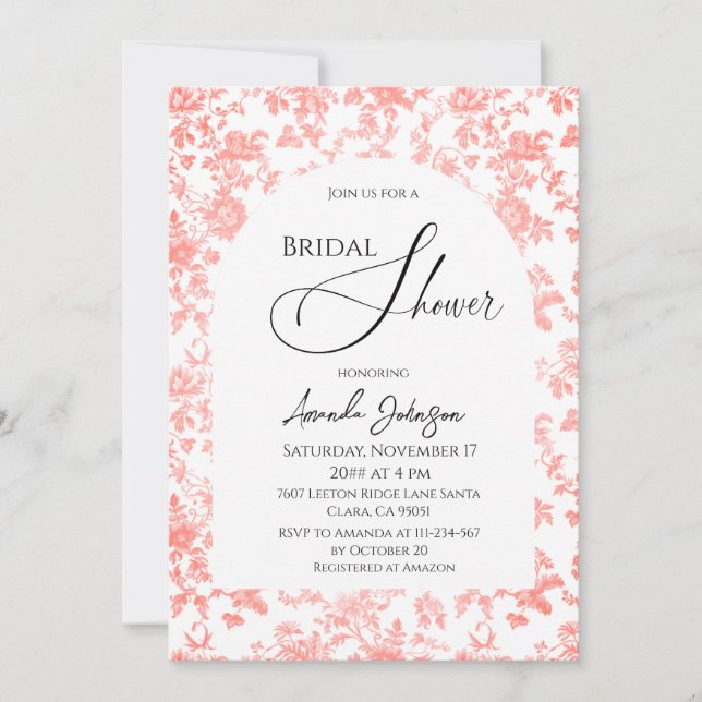 Elegant Pink Toile Floral Bridal Shower Brunch Invitation (Front)