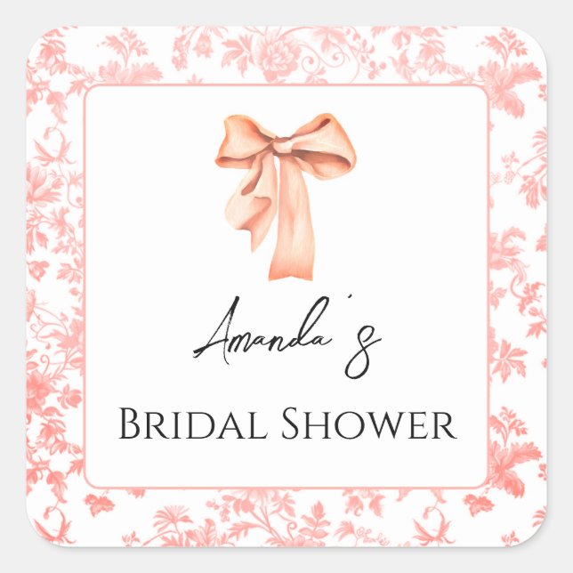 Elegant Pink Toile Floral Bridal Shower Brunch Square Sticker (Front)