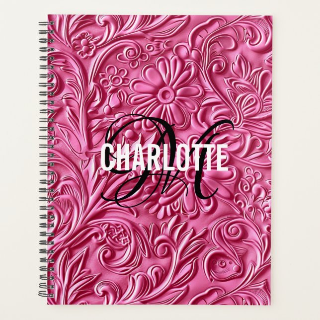 Elegant pink tooled leather script name planner (Front)
