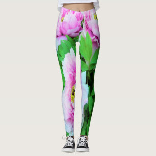 Elegant Pink Tree Peony Flowers with Yellow Centre Leggings