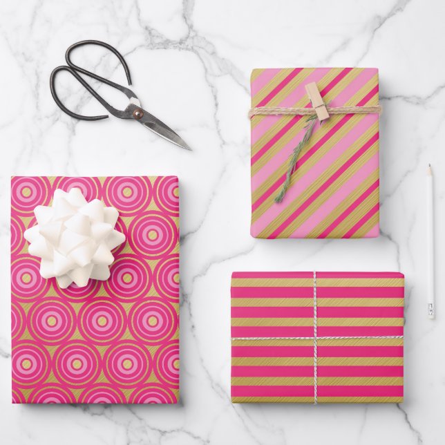 Elegant Pink Trio Wrapping Paper Sheets (Front)