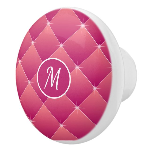Elegant Pink Tuft Design with Diamonds Monogram Ceramic Knob (Right)