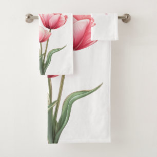 Elegant Pink Tulip Garden Watercolor Mum Gift Bath Towel Set