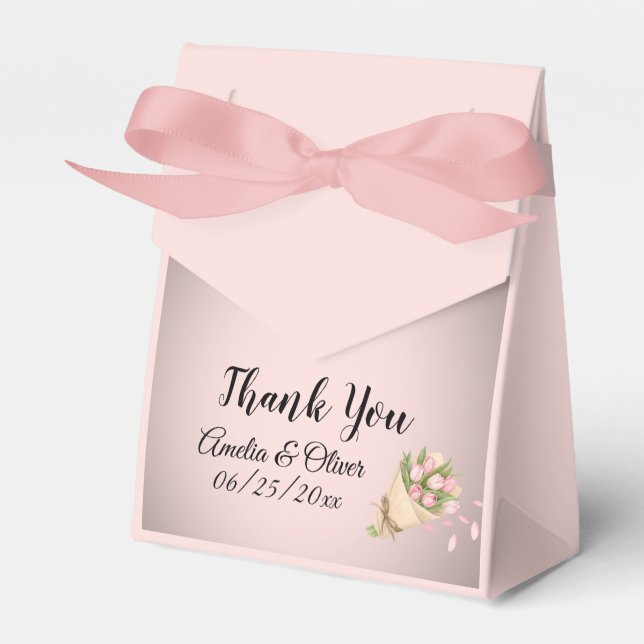 Elegant Pink Tulips Bouquet Wedding Favour Box (Front Side)