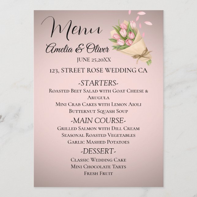 Elegant Pink Tulips Bouquet Wedding  Menu (Front)