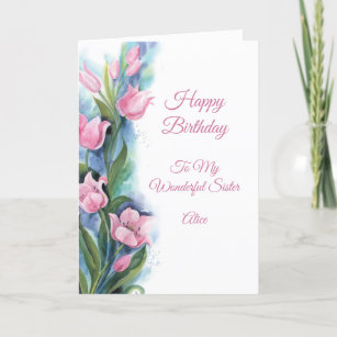 Elegant Pink Tulips Floral Name Sister Birthday Card