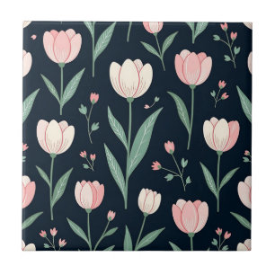 Elegant Pink Tulips Floral Seamless Pattern Ceramic Tile