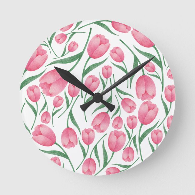 Elegant Pink tulips pattern floral Round Clock (Front)