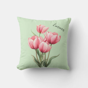 Elegant Pink Tulips Sage Green Personalised Cushion