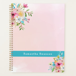 Elegant Pink Turquoise Floral Custom Name Planner