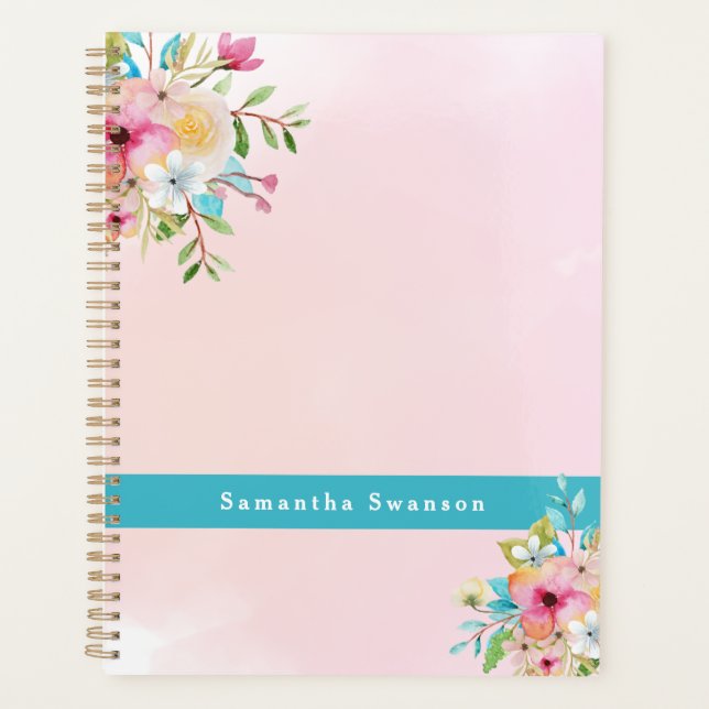 Elegant Pink Turquoise Floral Custom Name Planner (Front)