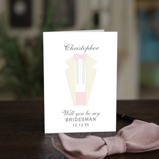 Elegant Pink Tuxedo Bridesman Groomsman Card (An elegant bridal party proposal card featuring a pink and ivory tuxedo. Perfect for your Bridesman)