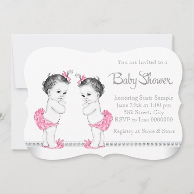 Elegant Pink Twin Girl Baby Shower Invitation (Front)