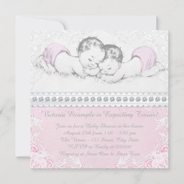 Elegant Pink Twin Girl Baby Shower Invitation (Front)