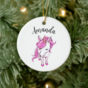 Elegant Pink Unicorn Girl Name Ceramic Ornament