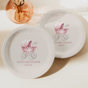 Elegant Pink Vintage Baby Carriage Baby Shower Paper Plate
