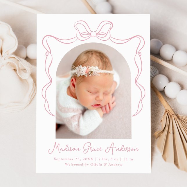 Elegant Pink Vintage Bow Photo Birth Announcement (Creator Uploaded)