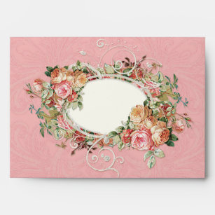 Elegant Pink Vintage Floral Rose Damask Lace Bride Envelope