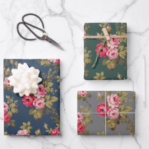 Elegant Pink Vintage Roses on Blue/Green/Grey BG Wrapping Paper Sheet