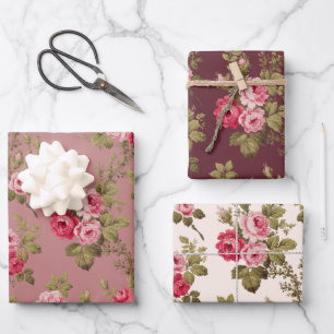 Elegant Pink Vintage Roses on Maroon/Buff/Old Rose Wrapping Paper Sheet