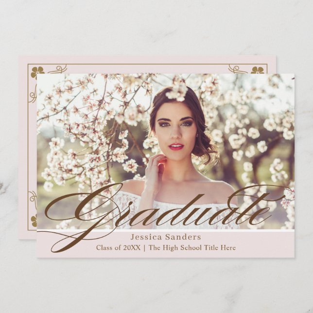 Elegant Pink Vintage Script Photo Graduation Party Invitation (Front/Back)