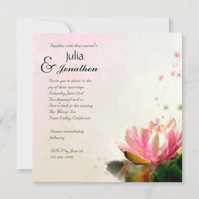 Elegant Pink Water Lily  Wedding Invitation (Front)