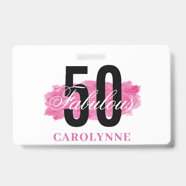 Elegant Pink Watercolor 50th Birthday Party ID Badge (Front)