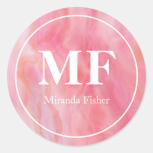 Elegant Pink Watercolor Agate Pattern - Monogram   Classic Round Sticker