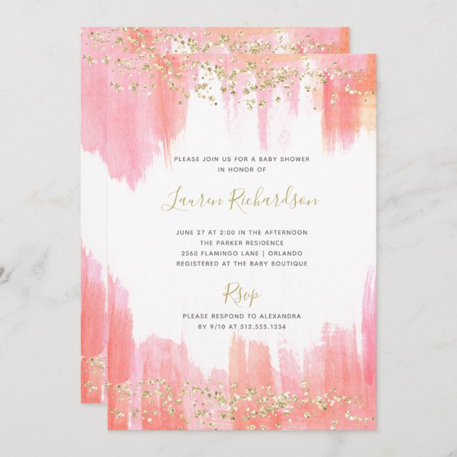 Elegant Pink Watercolor and Gold | Baby Shower Invitation (Front/Back)