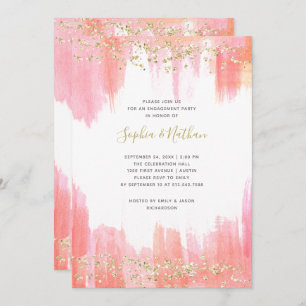 Elegant Pink Watercolor and Gold Engagement Party Invitation