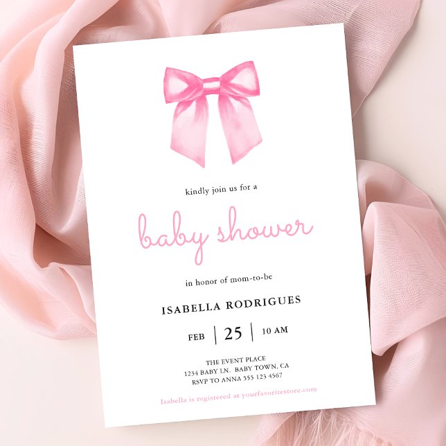 Elegant Pink Watercolor Bow Baby Shower Invitation (Invite shown in 5 x 7 inches, choose size, paper and corner style. Buy print or digital invitations.)