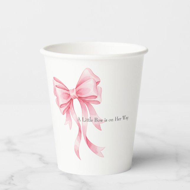 Elegant Pink Watercolor Bow Baby Shower Paper Cups (Front)