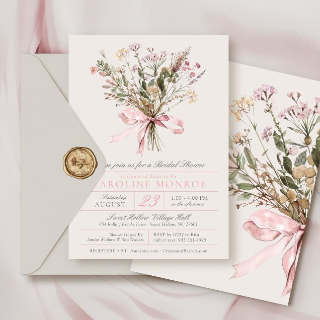 Elegant Pink Watercolor Bow Floral Bridal Shower Invitation (Elegant pink watercolor wildflower floral bouquet and bow vintage botanical bridal shower invitation)