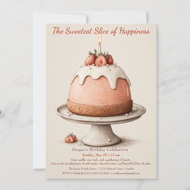 Elegant pink Watercolor Cake Birthday Invitation (Front)