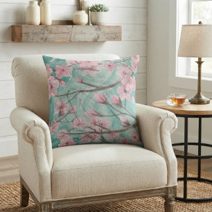 Elegant Pink Watercolor Cherry Blossoms On Agate Cushion