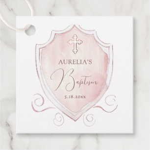 Elegant Pink Watercolor Crest Baptism Favour Tags