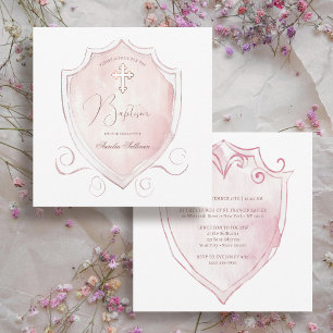 Elegant Pink Watercolor Crest Baptism Invitation