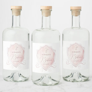 Elegant Pink Watercolor Crest Baptism Liquor Bottle Label