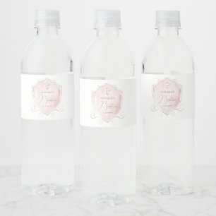 Elegant Pink Watercolor Crest Baptism Water Bottle Label
