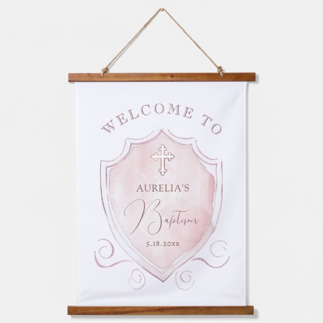 Elegant Pink Watercolor Crest Baptism Welcome Hanging Tapestry (Front)