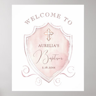 Elegant Pink Watercolor Crest Baptism Welcome Poster